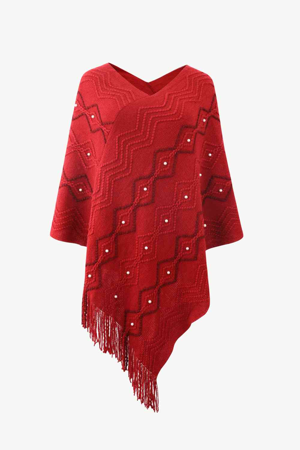 Pearl Trim V-Neck Fringe Hem Poncho - TRENDMELO