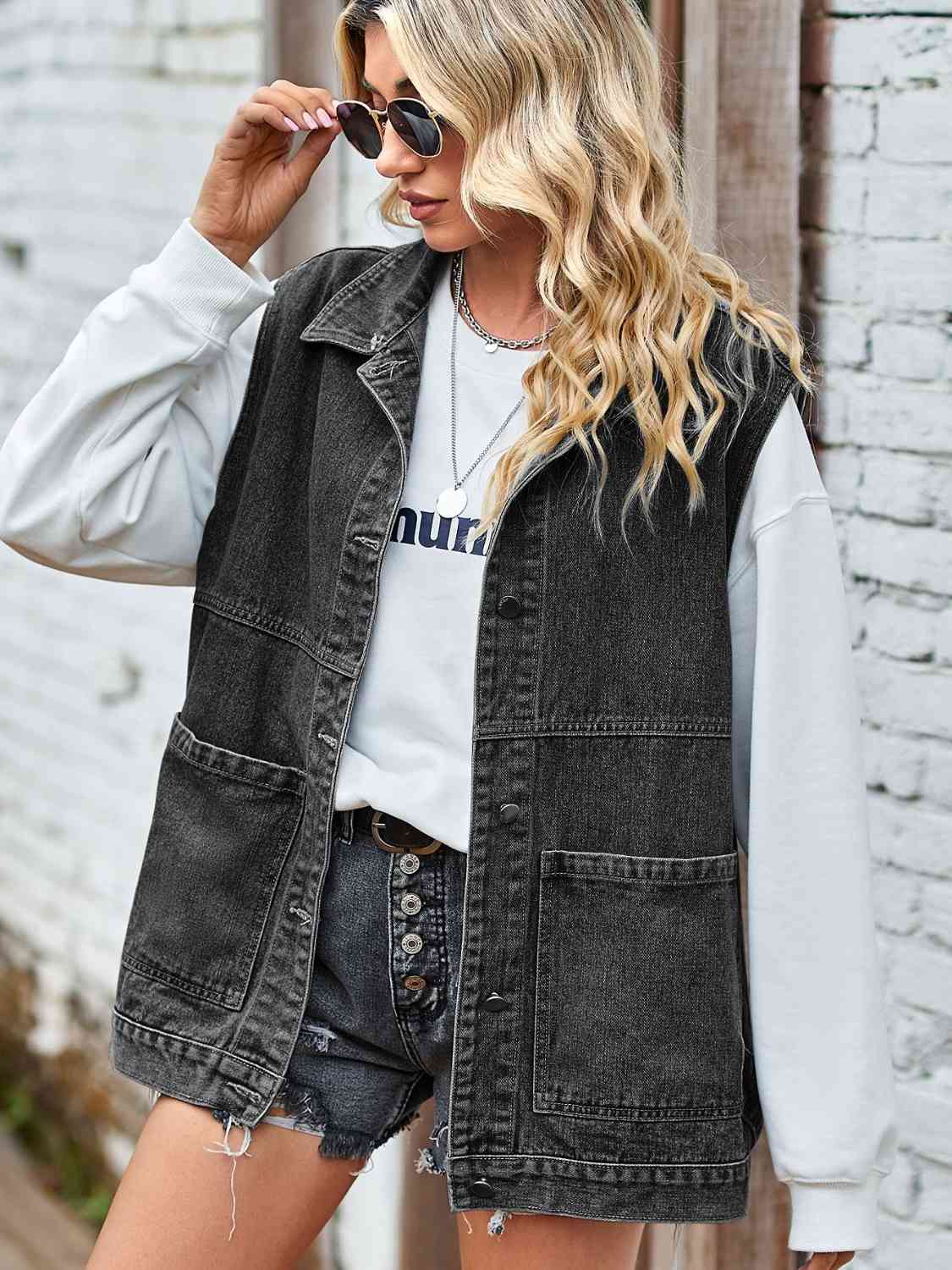 Button Front Sleeveless Denim Jacket - TRENDMELO