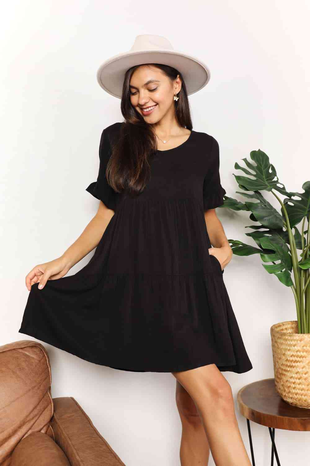 Double Take V-Neck Flounce Sleeve Tiered Dress - TRENDMELO