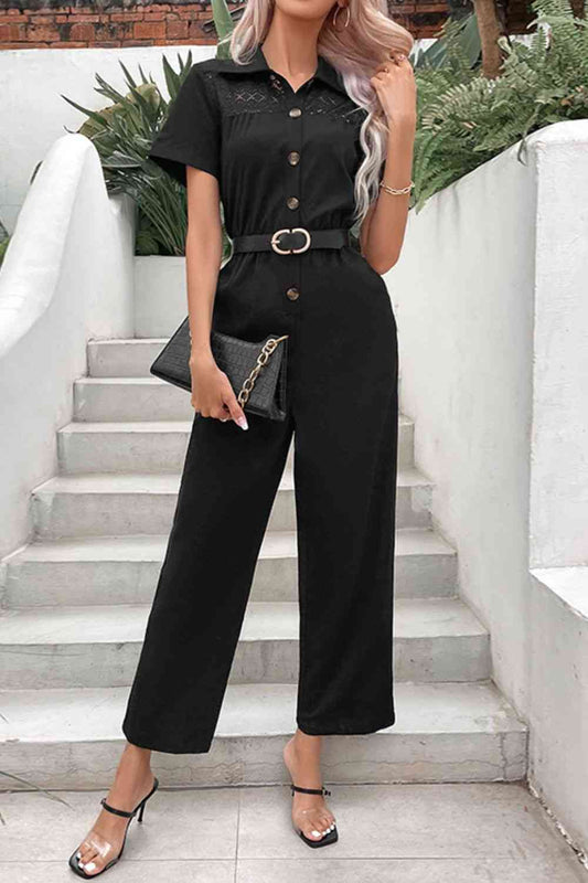 Collared Neck Short Sleeve Jumpsuit - TRENDMELO