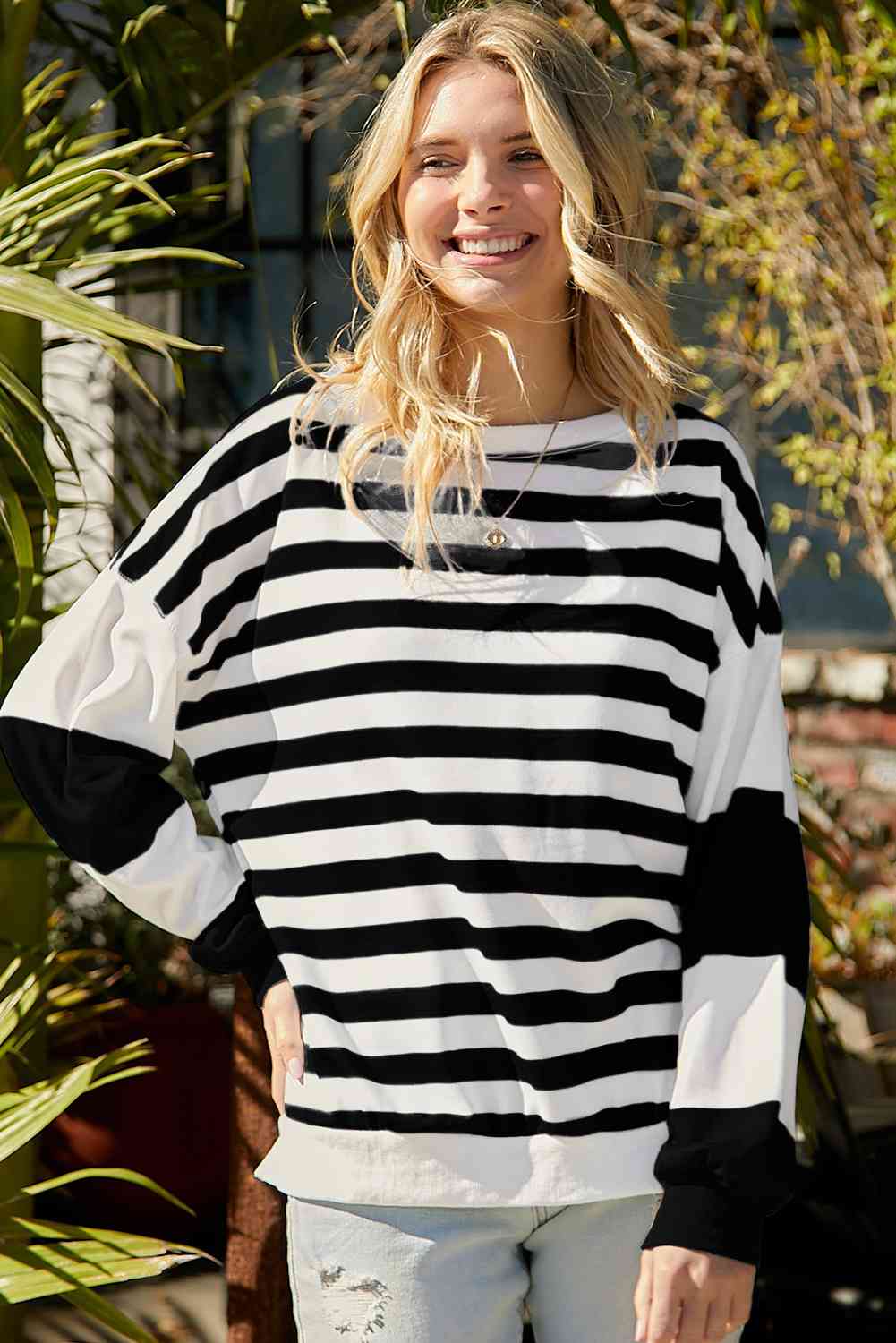 Striped Dropped Shoulder Sweatshirt - TRENDMELO