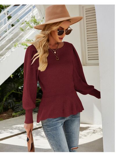 Ribbed Round Neck Lantern Sleeve Sweater - TRENDMELO