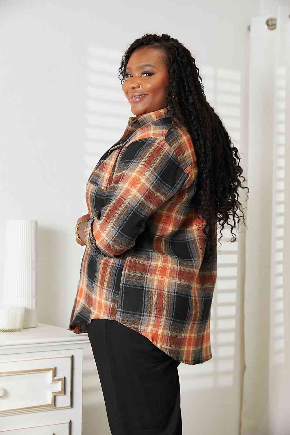 Double Take Plaid Dropped Shoulder Shirt - TRENDMELO