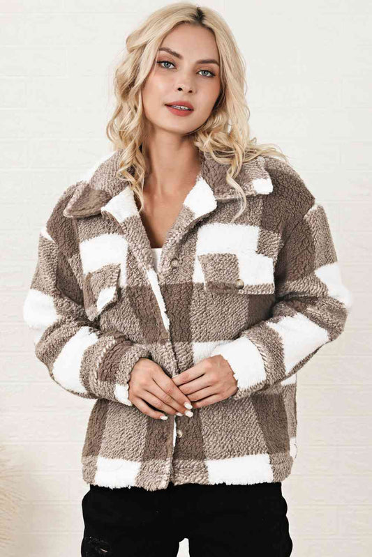 Plaid Collared Neck Drop Shoulder Jacket - TRENDMELO