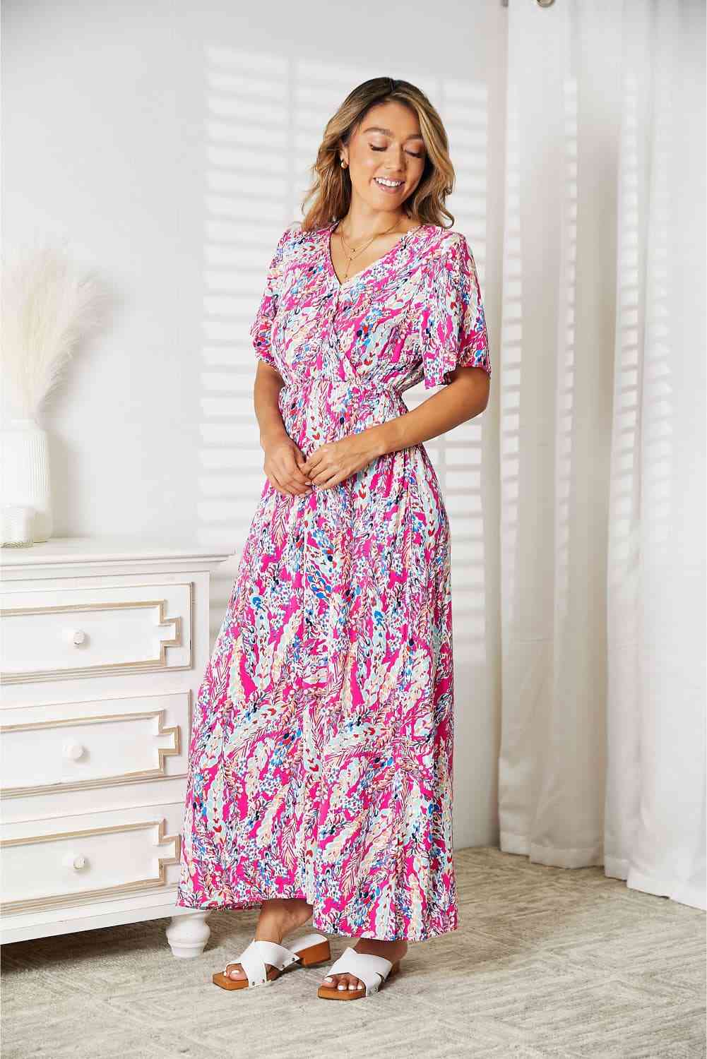 Double Take Multicolored V-Neck Maxi Dress - TRENDMELO