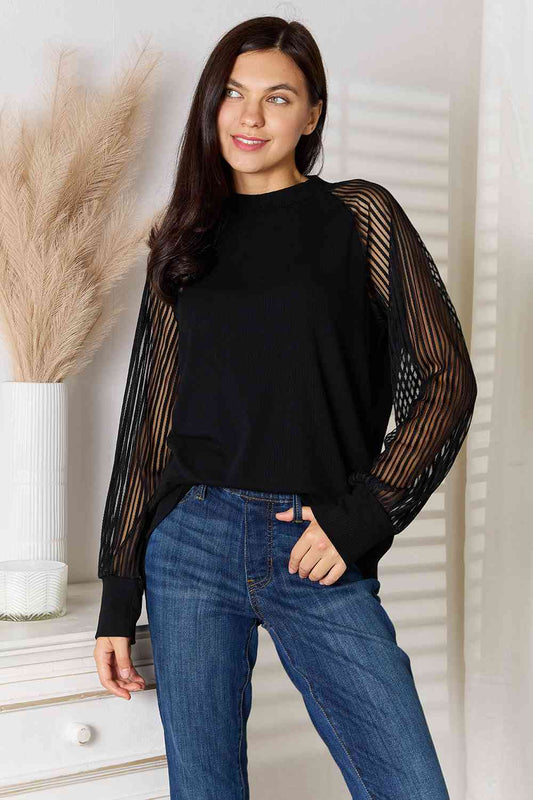 Double Take Round Neck Raglan Sleeve Blouse - TRENDMELO