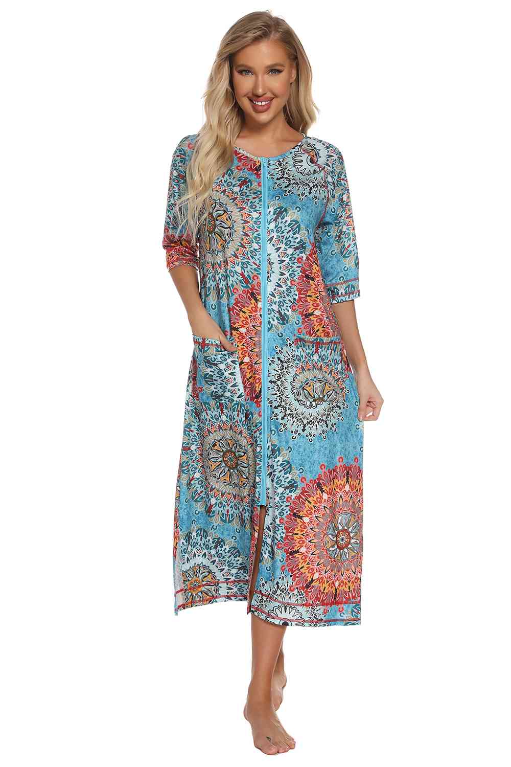 Printed Slit Night Dress with Pockets - TRENDMELO