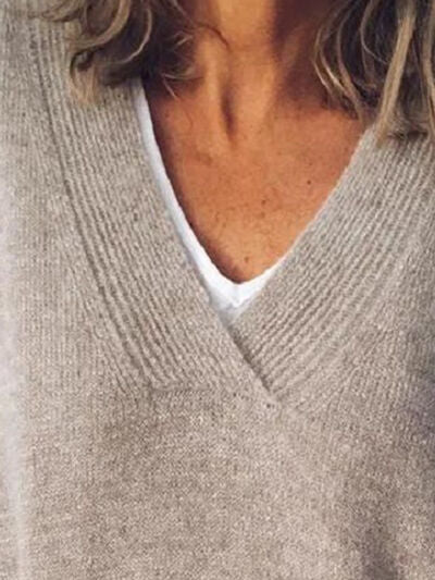 V-Neck Dropped Shoulder Sweater - TRENDMELO