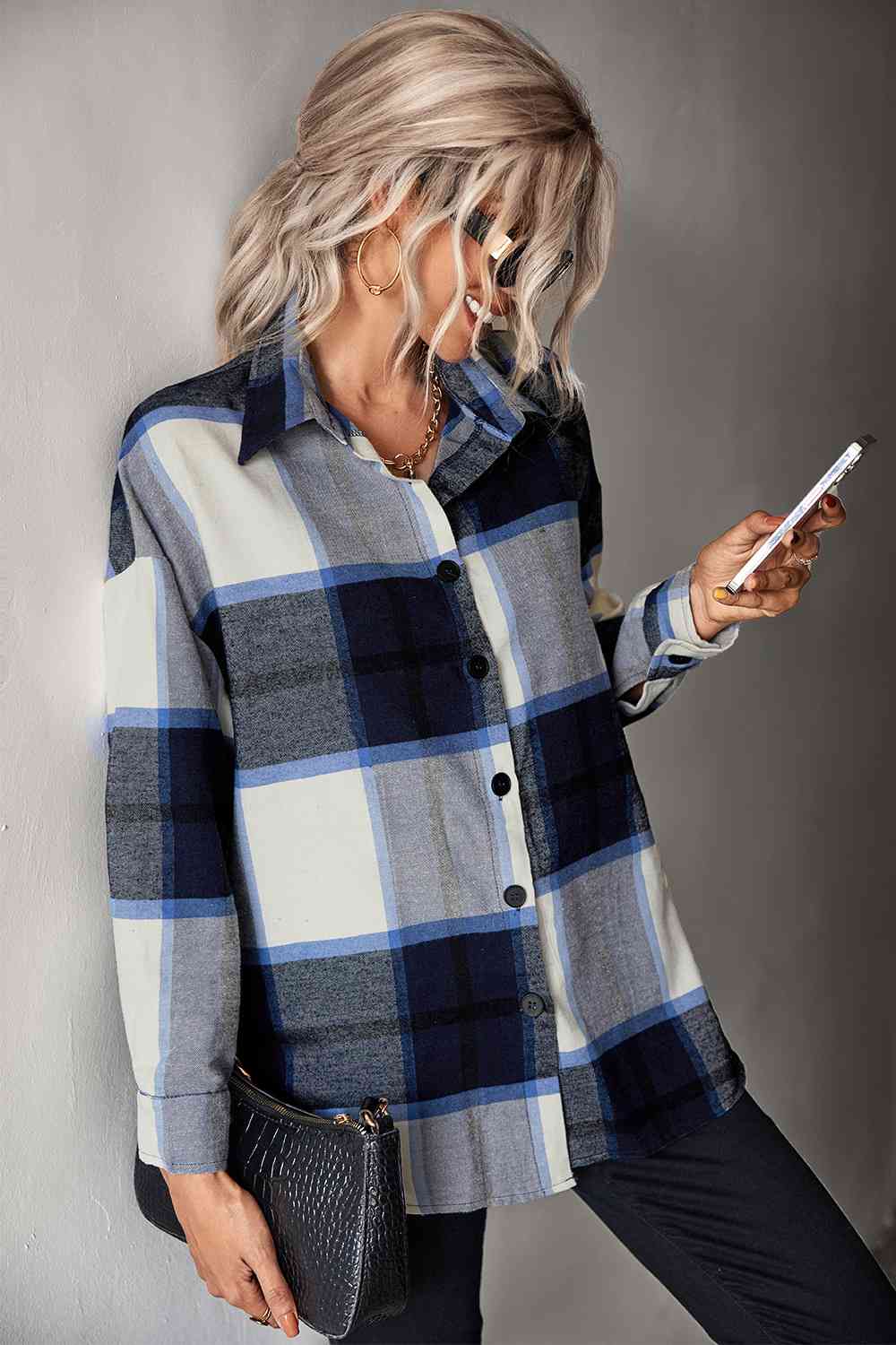 Plaid Collared Neck Longline Shirt - TRENDMELO