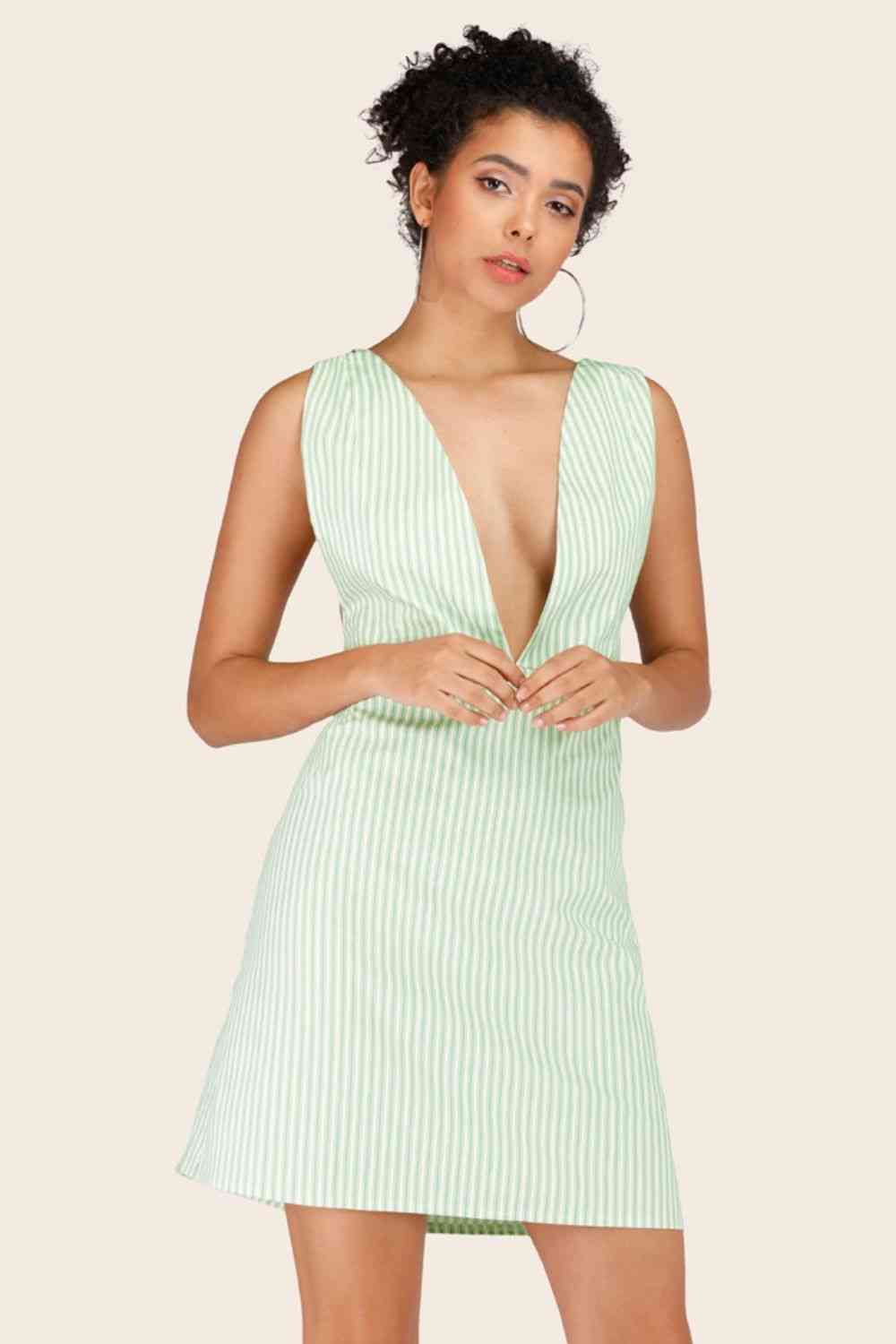 Striped Crisscross Deep V Sleeveless Dress - TRENDMELO