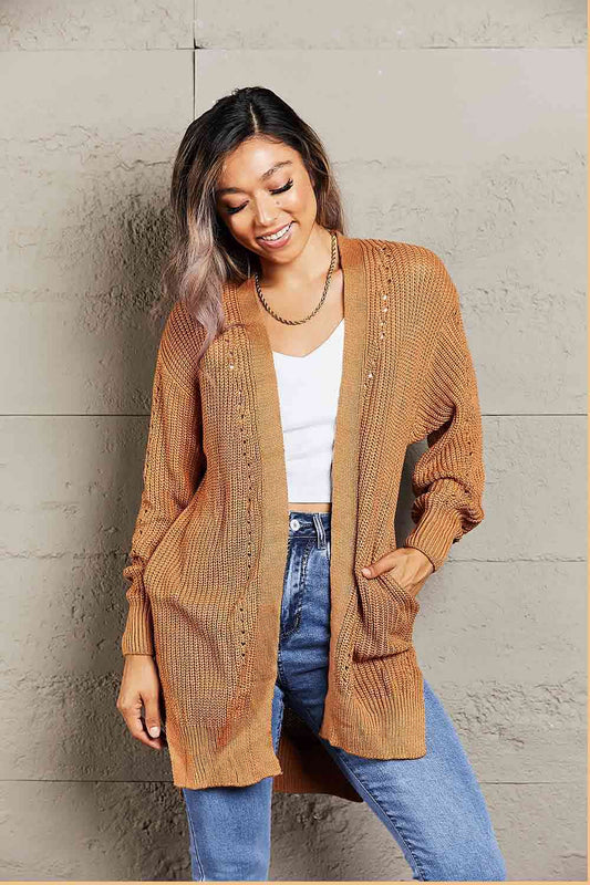 Woven Right Openwork Rib-Knit Slit Cardigan - TRENDMELO