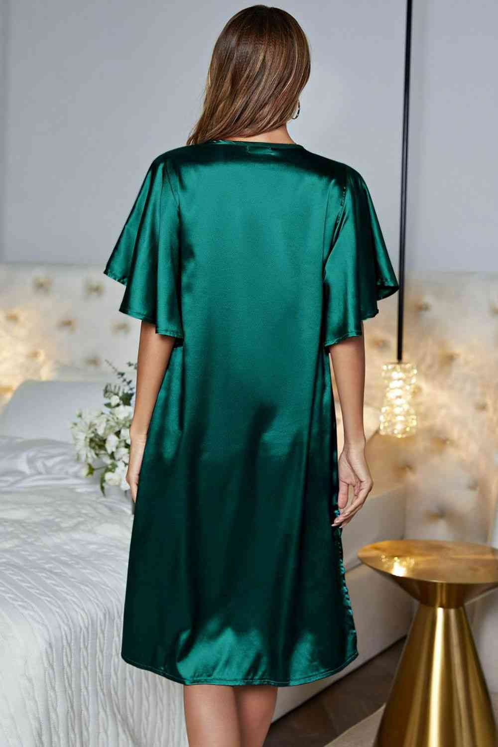 Satin Flutter Sleeve Side Slit V-Neck Night Dress - TRENDMELO