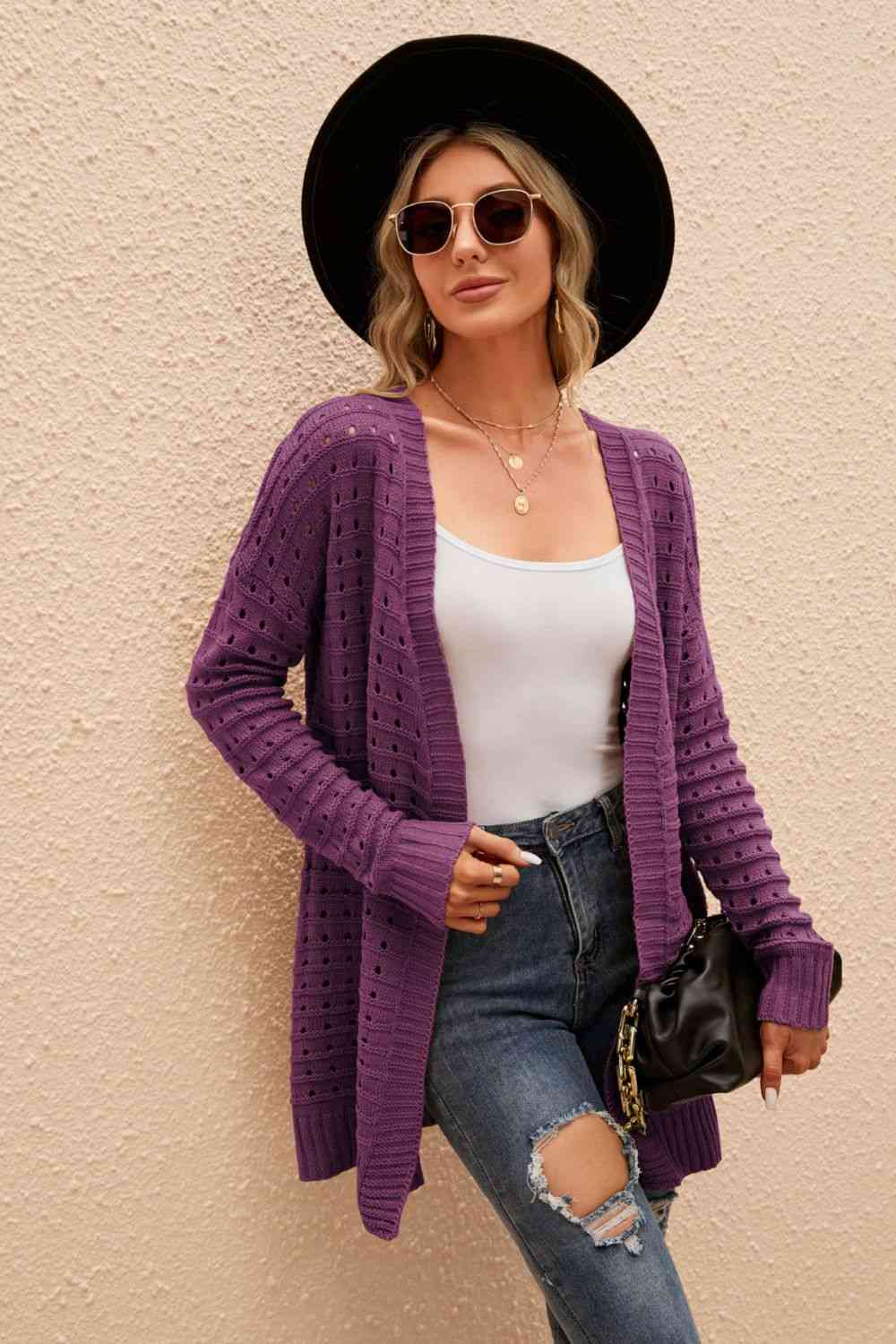 Openwork Horizontal Ribbing Open Front Cardigan - TRENDMELO