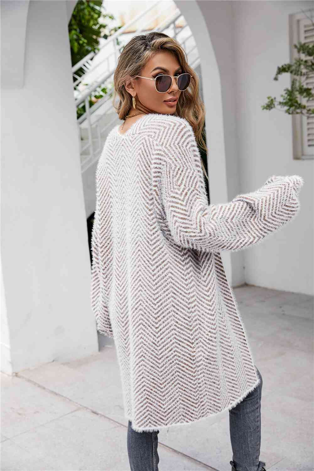 Herringbone Pattern Open Front Longline Fuzzy Cardigan - TRENDMELO