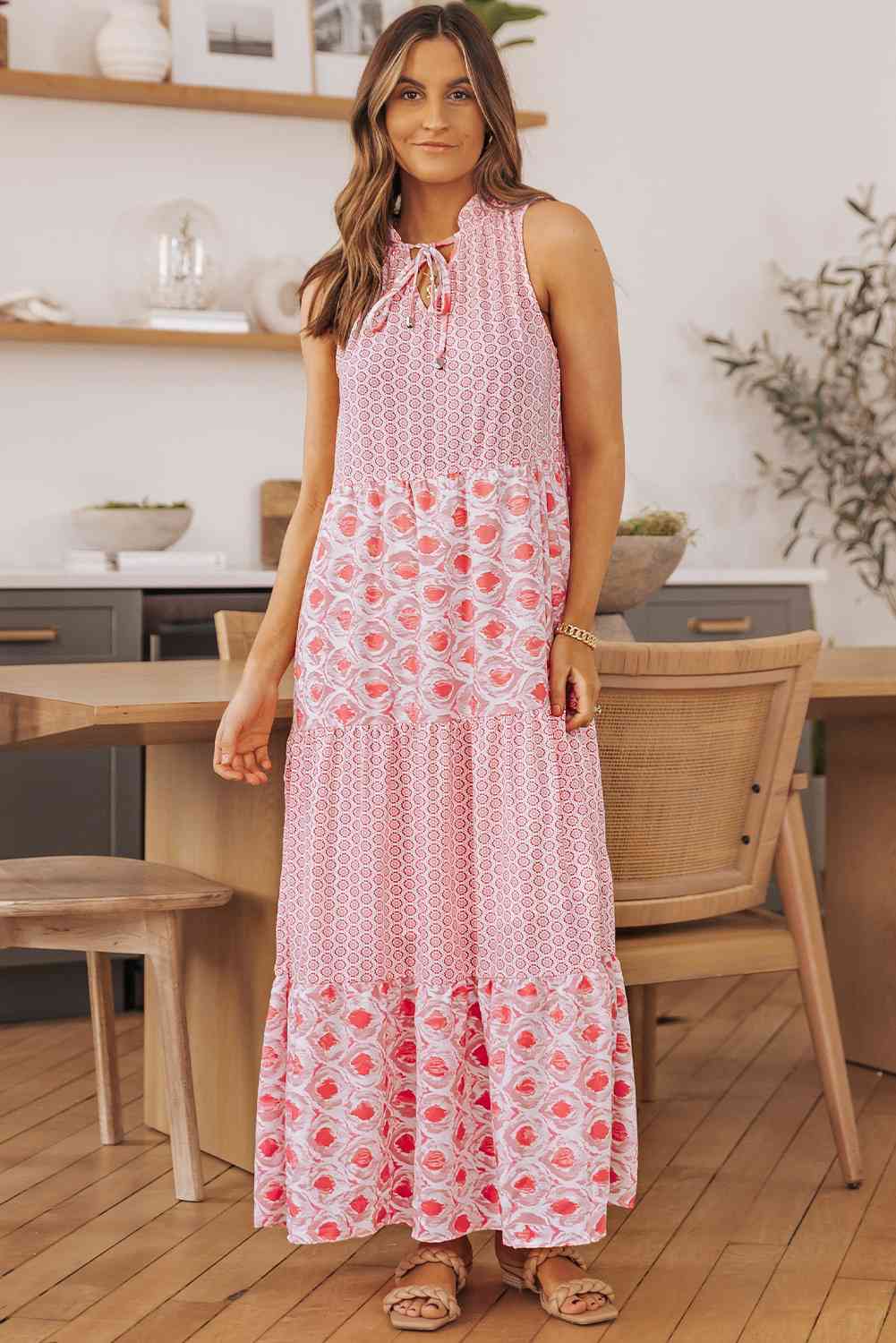 Mixed Print Tie-Neck Sleeveless Maxi Dress - TRENDMELO