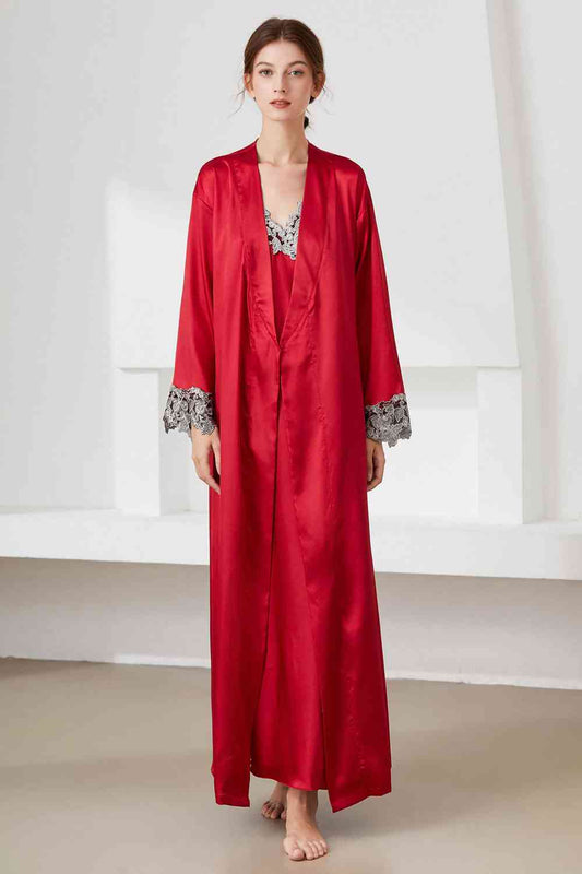 Contrast Lace Trim Satin Night Dress and Robe Set - TRENDMELO