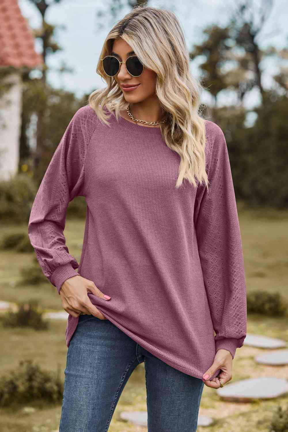 Round Neck Raglan Sleeve Sweatshirt - TRENDMELO