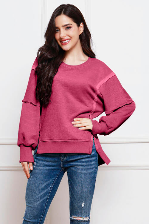 Exposed Seam High-Low Slit Sweatshirt - TRENDMELO