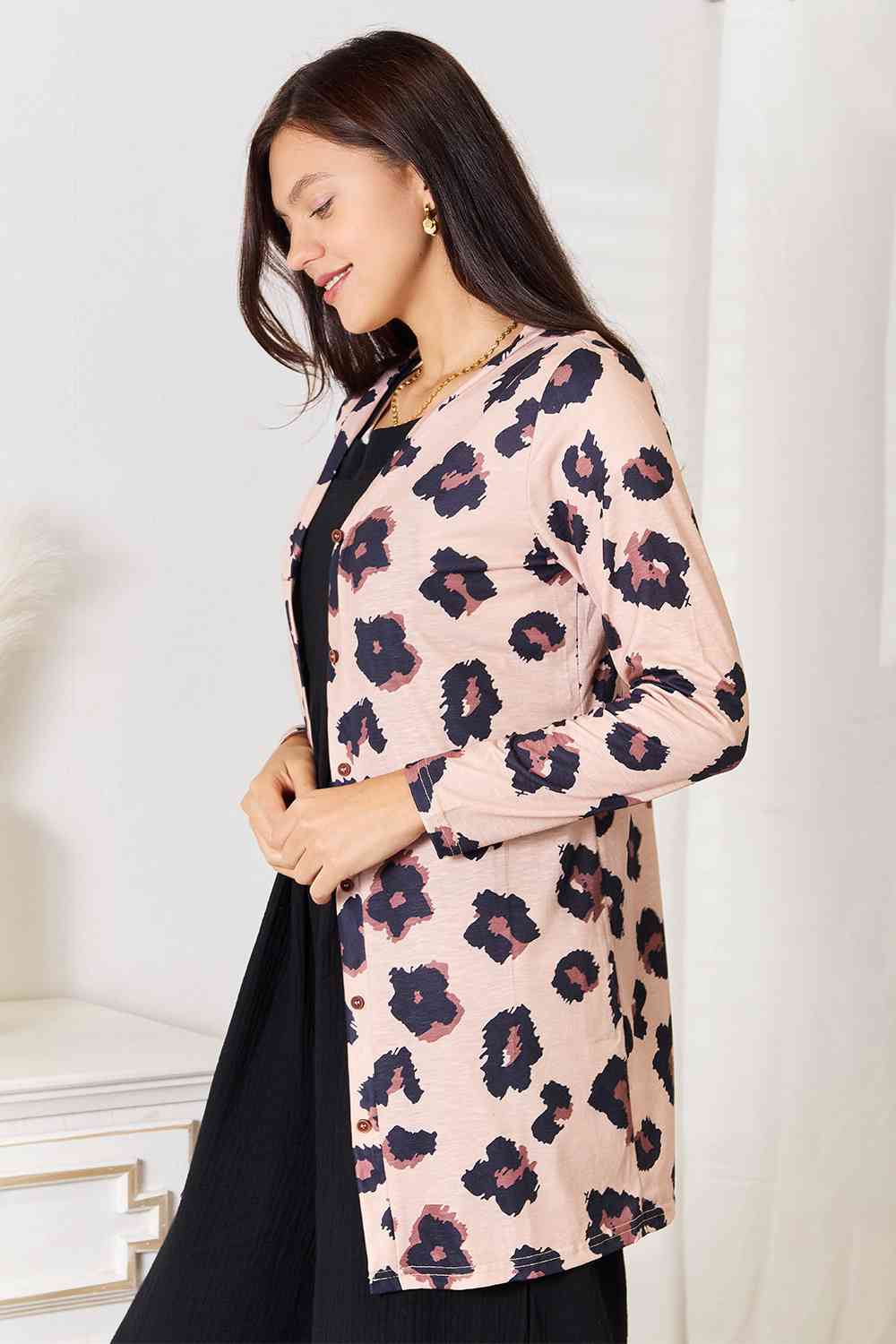 Double Take Printed Button Front Longline Cardigan - TRENDMELO