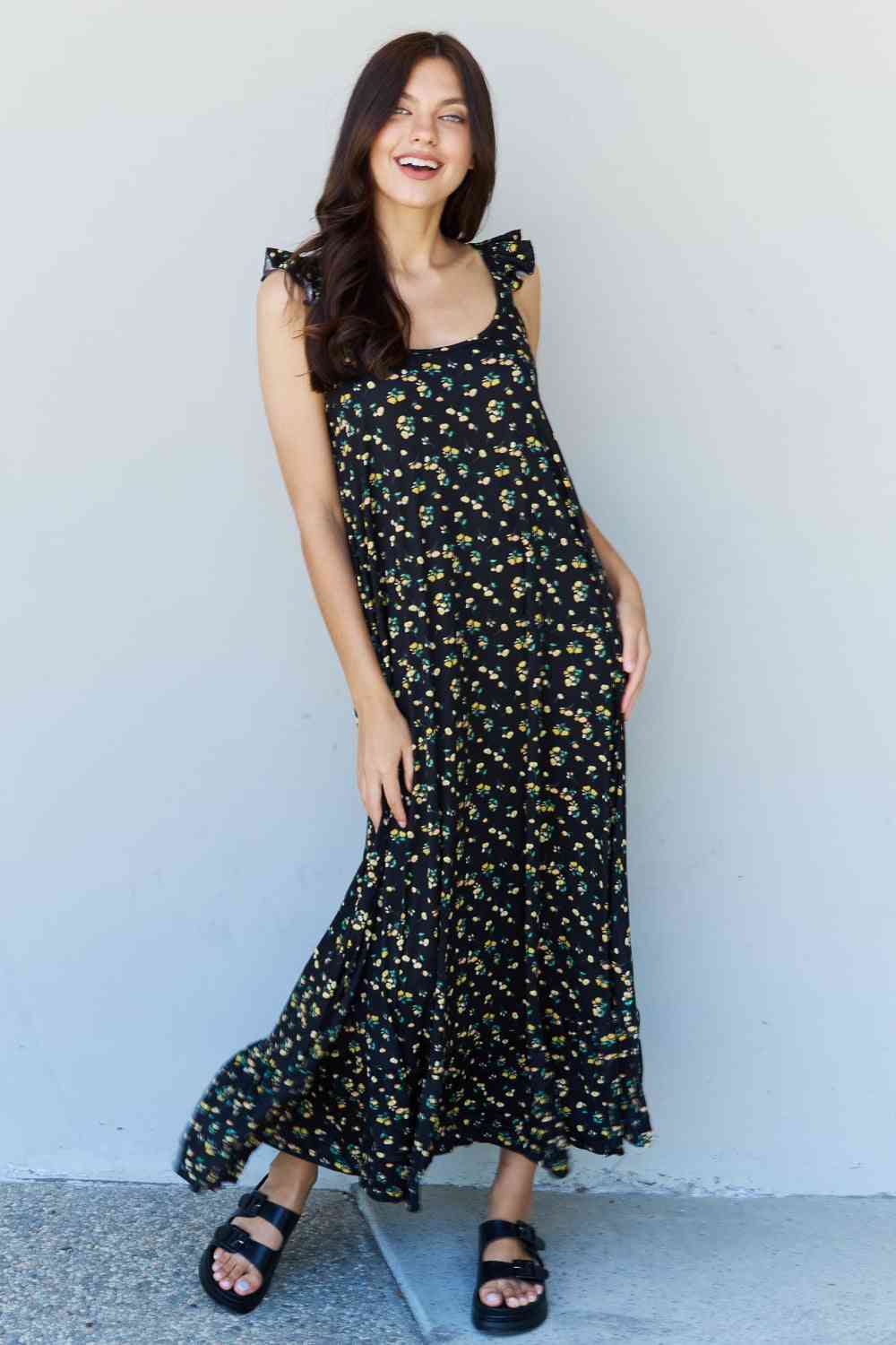 Doublju In The Garden Ruffle Floral Maxi Dress in Black Yellow Floral - TRENDMELO