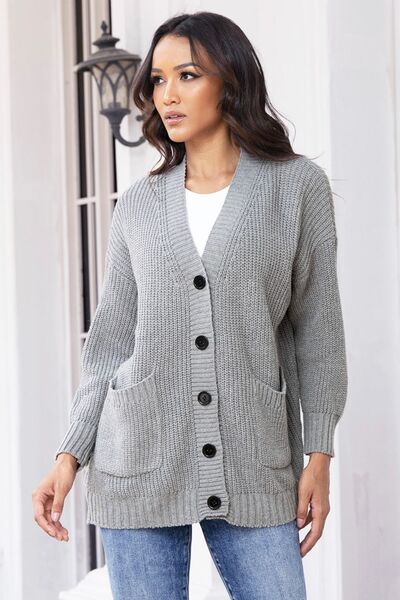 Button Up Long Sleeve Cardigan with Pockets - TRENDMELO