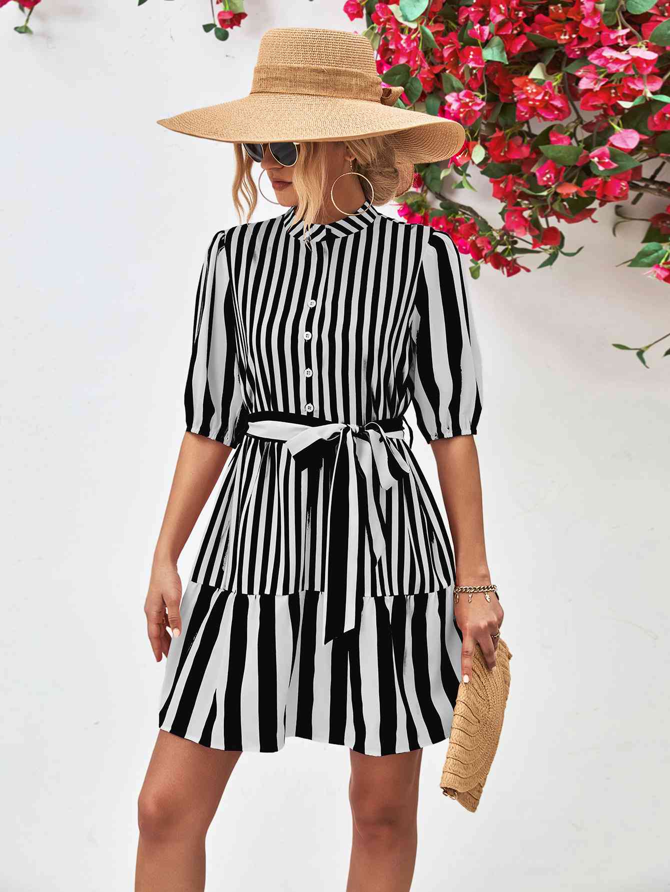 Striped Half Sleeve Tie Waist Mini Dress - TRENDMELO