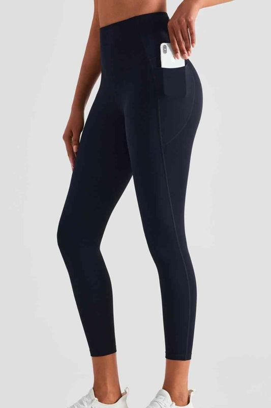 Wide Waistband Sports Leggings with Pockets - TRENDMELO