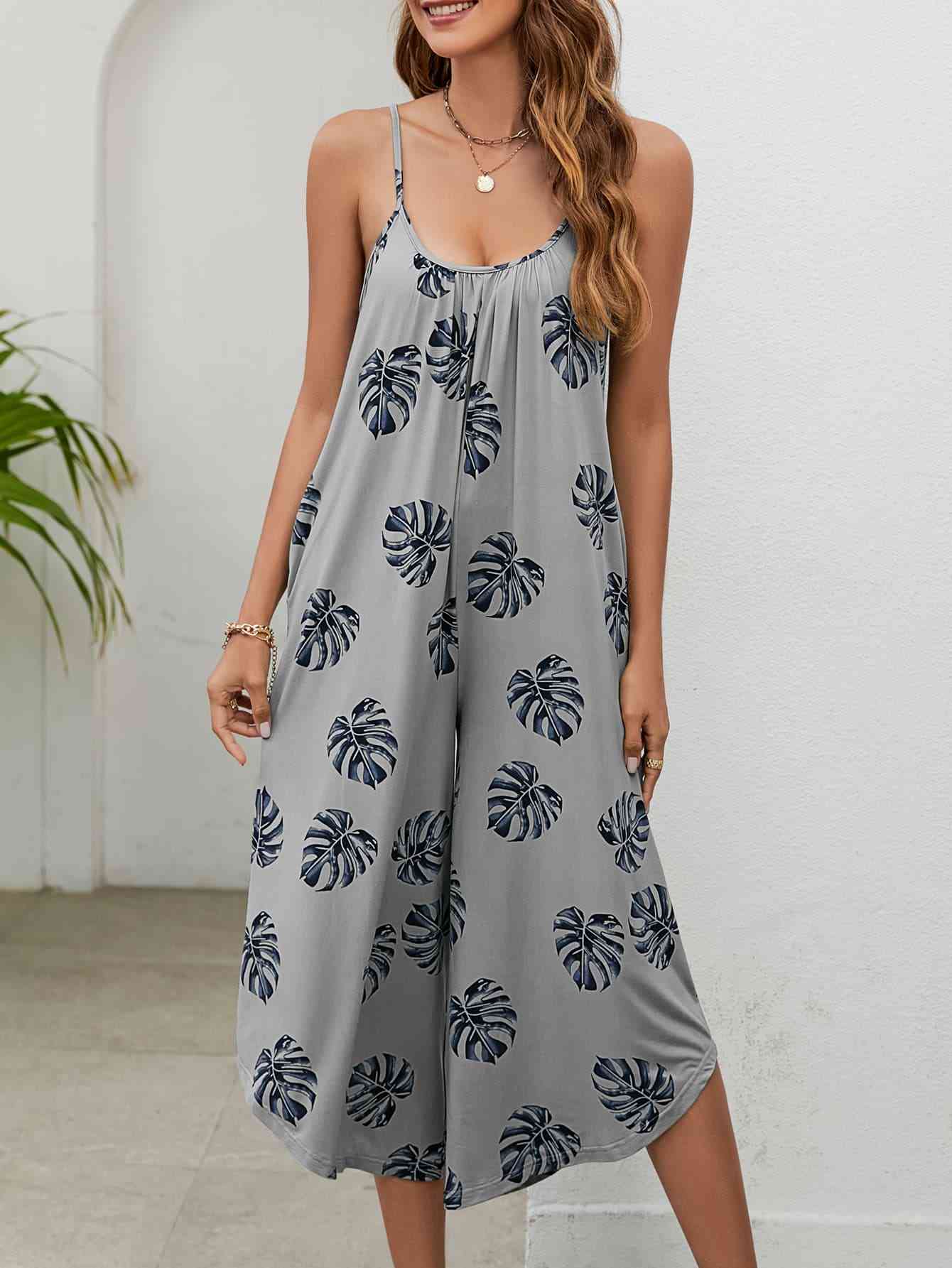 Botanical Print Spaghetti Strap Scoop Neck Jumpsuit - TRENDMELO