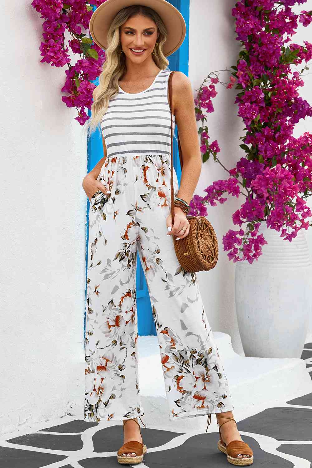 Striped Floral Sleeveless Wide Leg Jumpsuit with Pockets - TRENDMELO