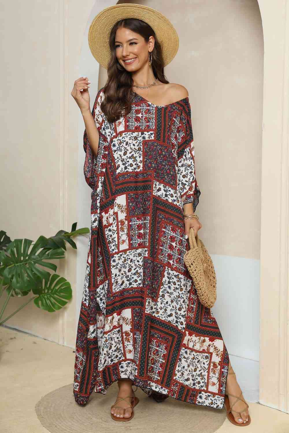 Printed V-Neck Split Maxi Dress - TRENDMELO