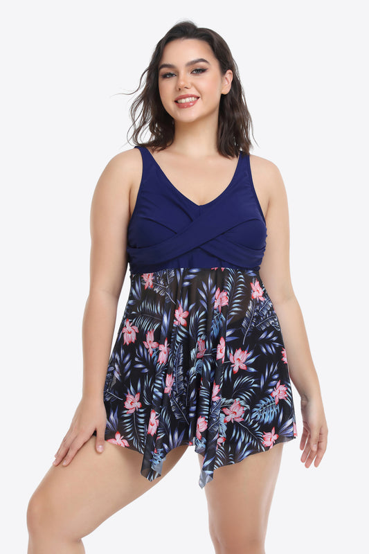 Plus Size Floral Two-Tone Asymmetrical Hem Two-Piece Swimsuit - TRENDMELO