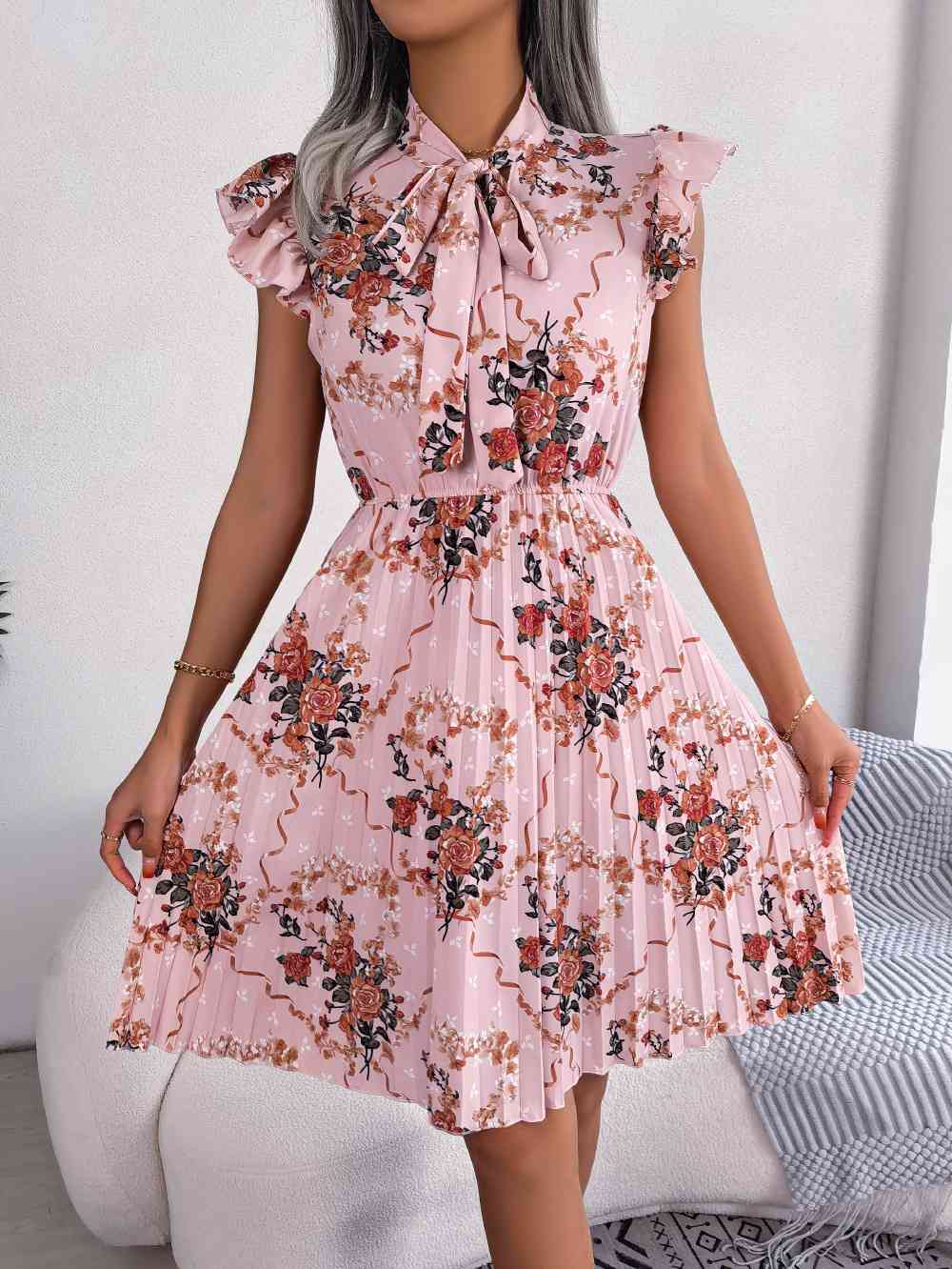 Pleated Floral Printed Tie Neck Knee Length Dress - TRENDMELO