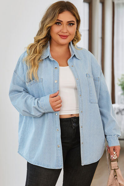 Plus Size Snap Down Pocketed Denim Jacket - TRENDMELO