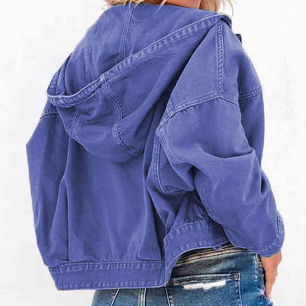 Hooded Dropped Shoulder Denim Jacket - TRENDMELO