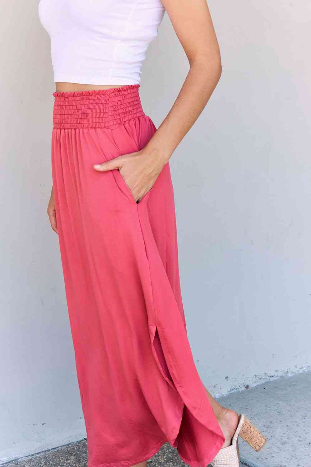 Doublju Comfort Princess Full Size High Waist Scoop Hem Maxi Skirt in Hot Pink - TRENDMELO