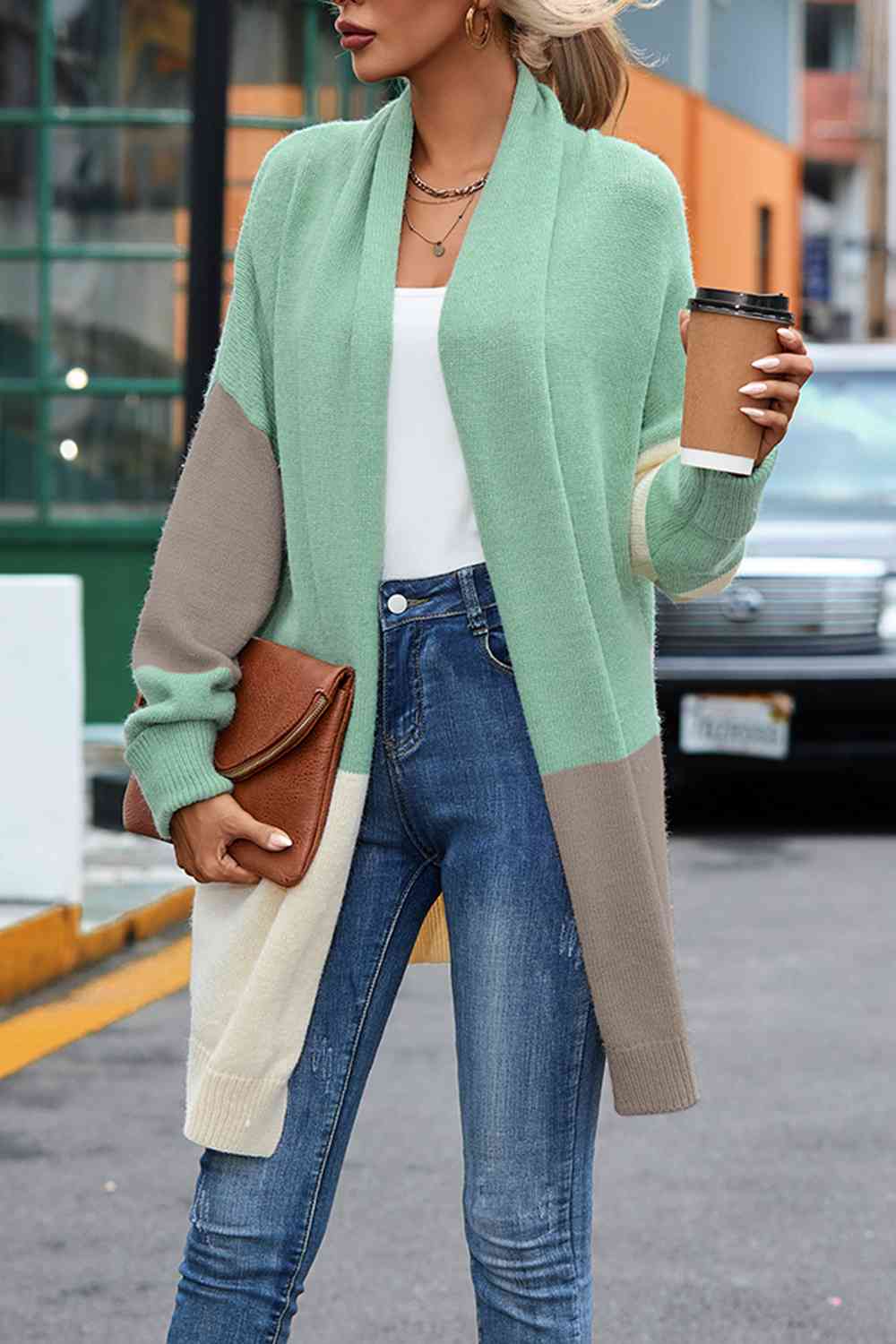 Color Block Long Sleeve Cardigan - TRENDMELO