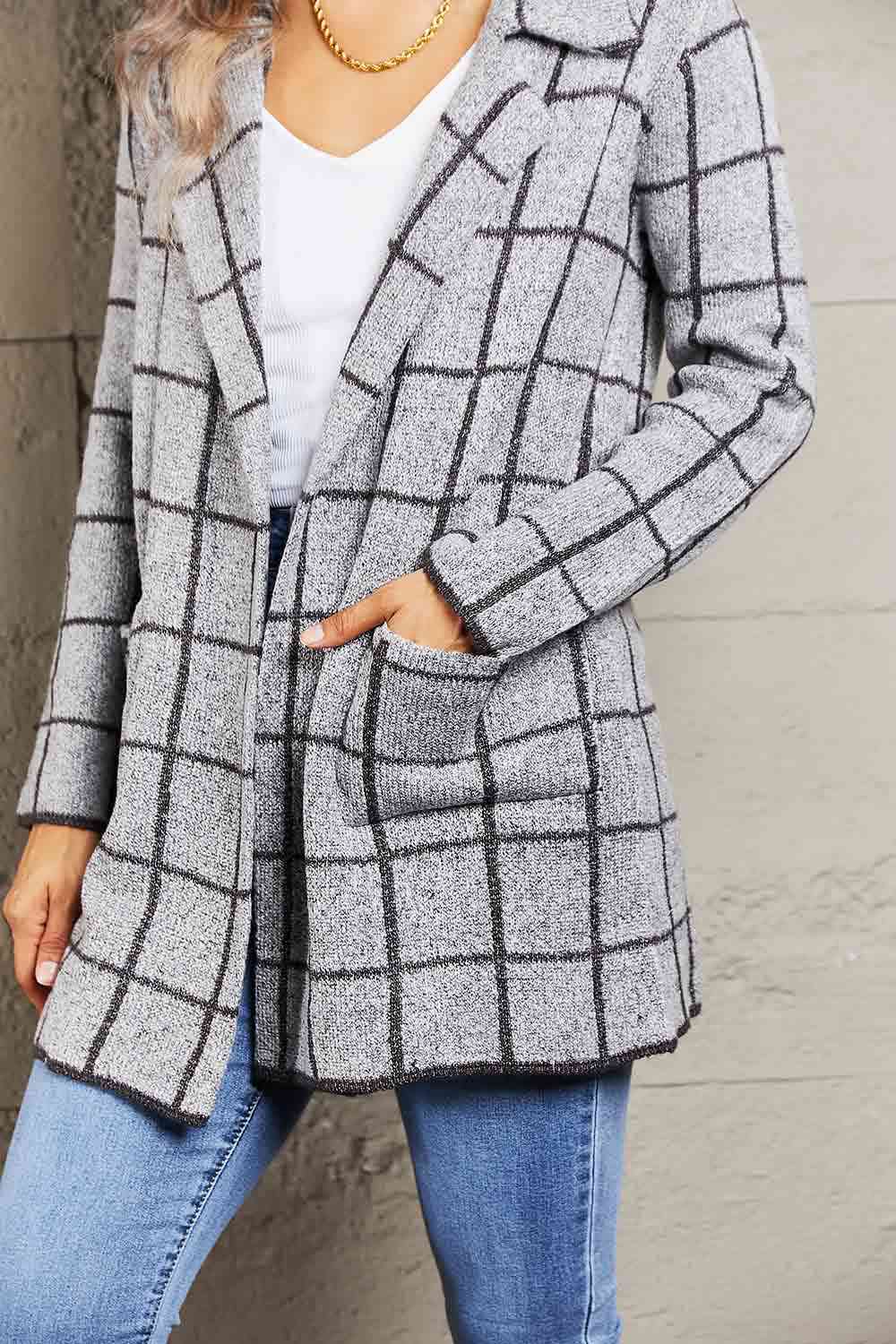 Double Take Printed Open Front Lapel Collar Cardigan with Pockets - TRENDMELO