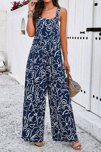Printed Wide Strap Jumpsuit with Pockets - TRENDMELO