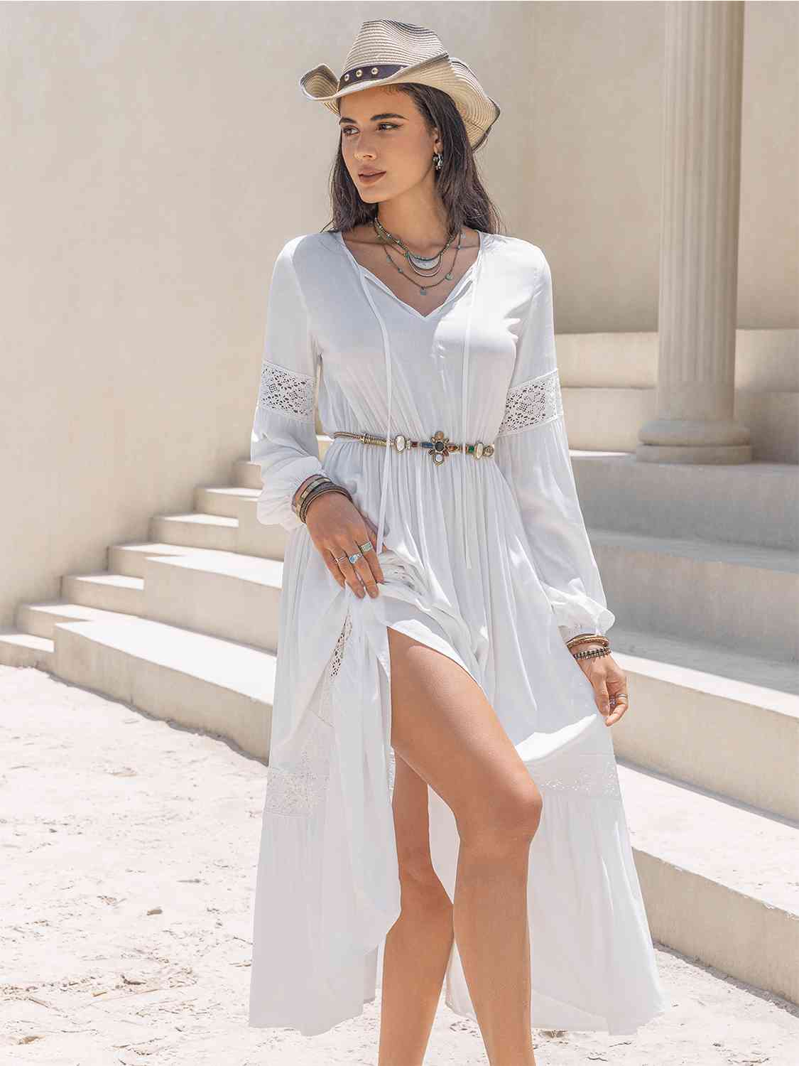 Tie Neck Long Sleeve Midi Tiered Dress - TRENDMELO