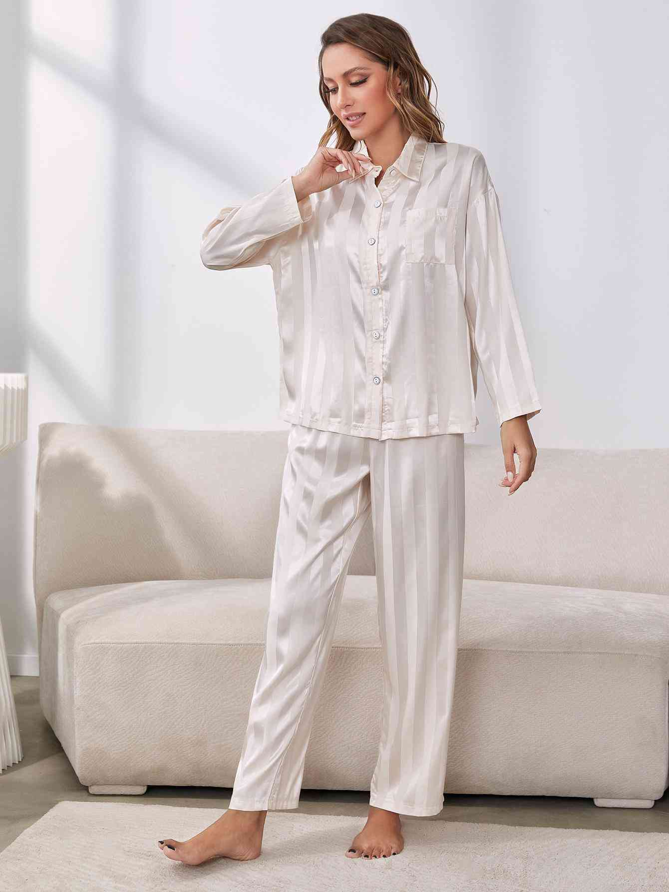 Button-Up Shirt and Pants Pajama Set - TRENDMELO