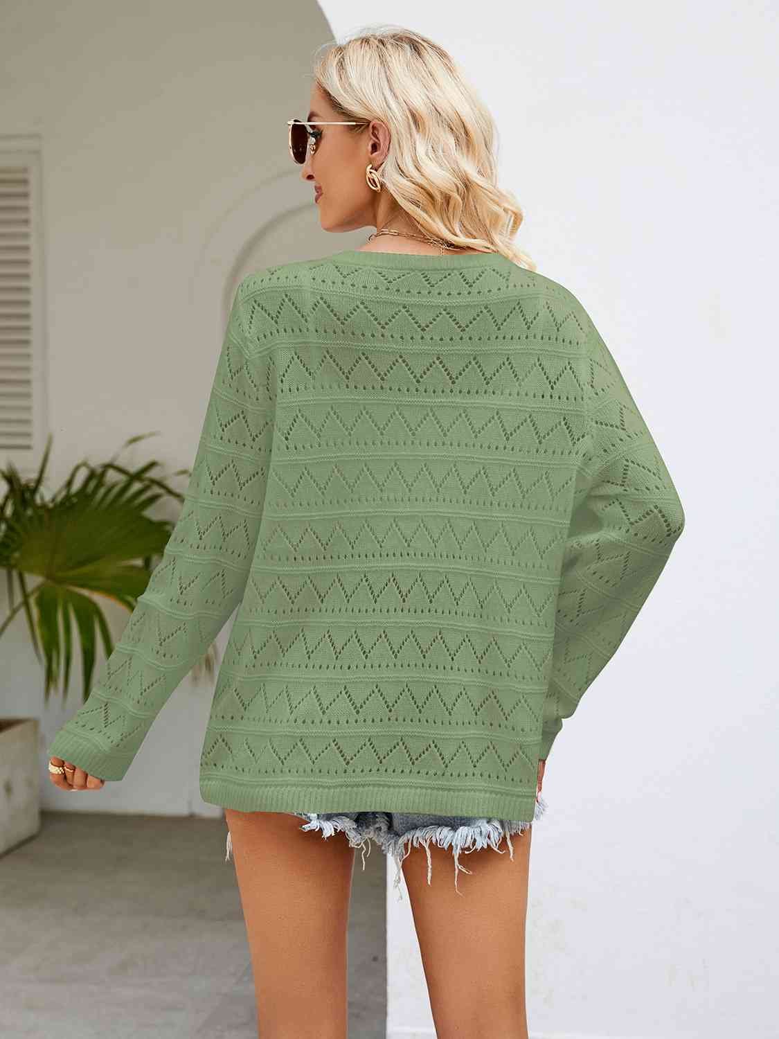 Round Neck Openwork Long Sleeve Knit Top - TRENDMELO