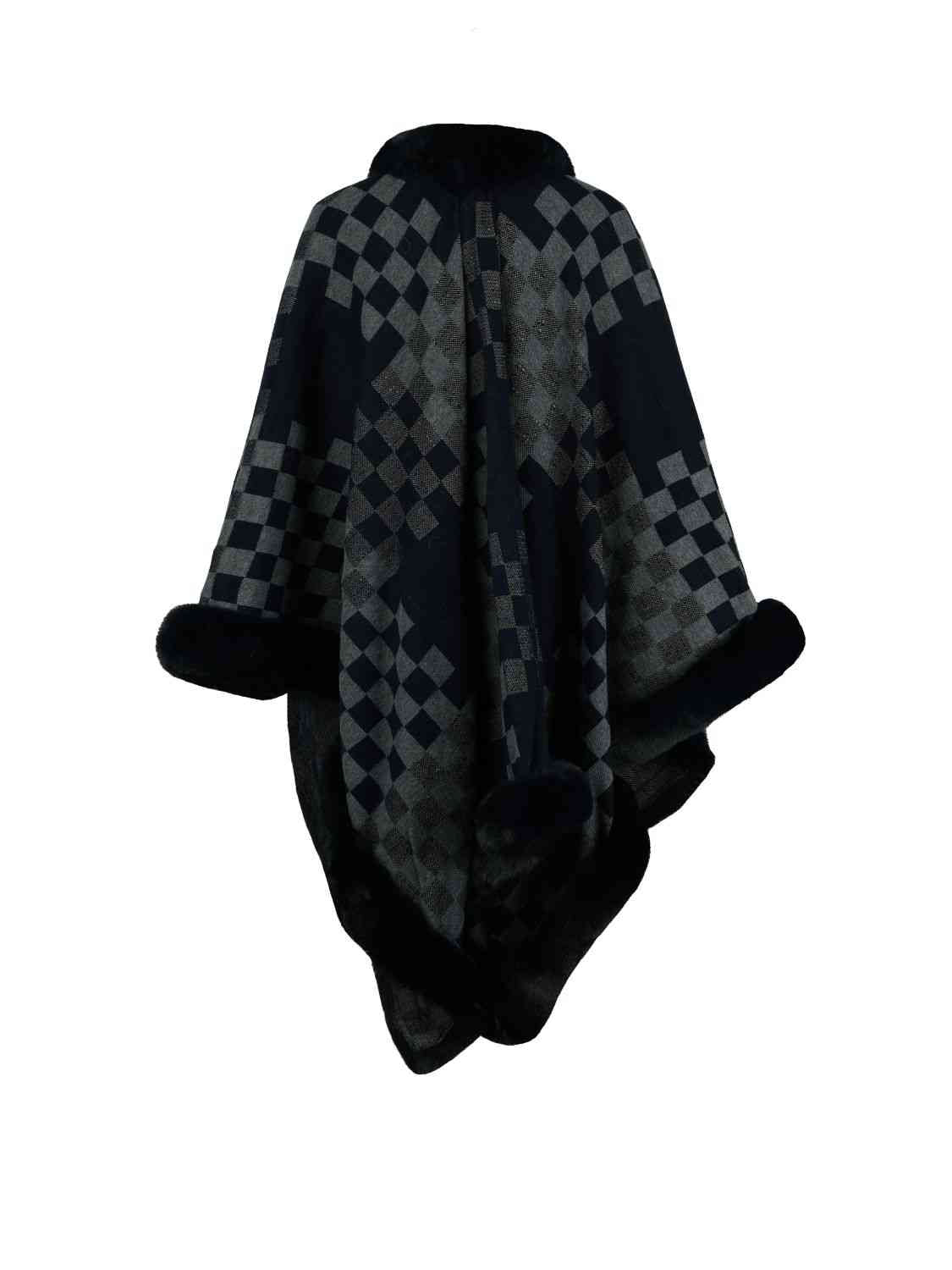 Checkered Faux Fur Trim Poncho - TRENDMELO