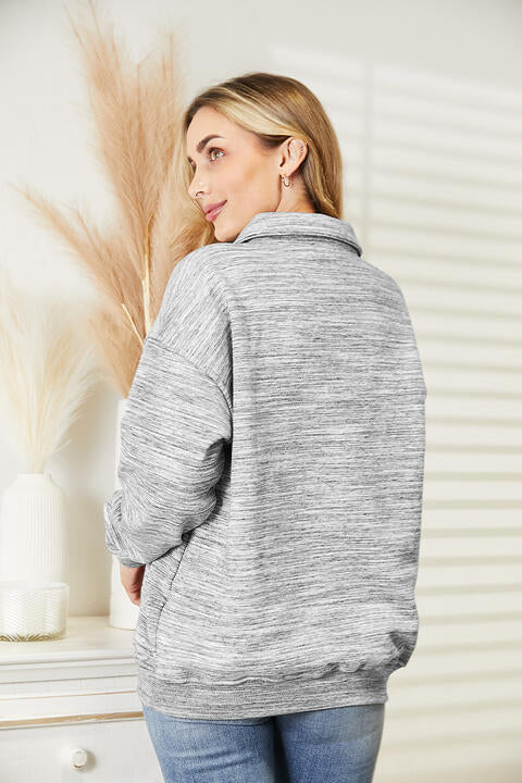 Ninexis Full Size Quarter-Button Collared Sweatshirt - TRENDMELO