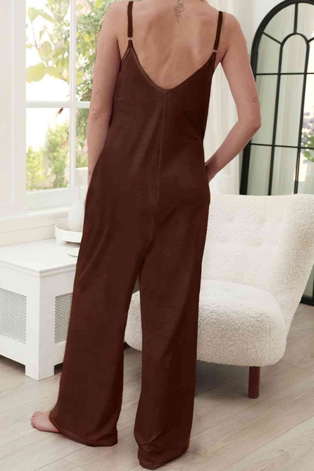 Scoop Neck Spaghetti Strap Pocket Jumpsuit - TRENDMELO