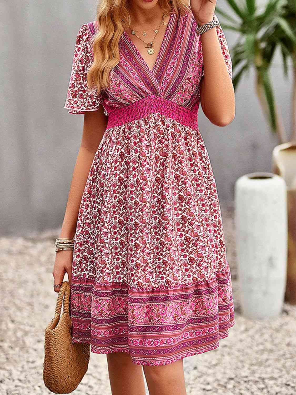 Floral Print Bohemian Style V-Neck Flutter Sleeve Dress - TRENDMELO