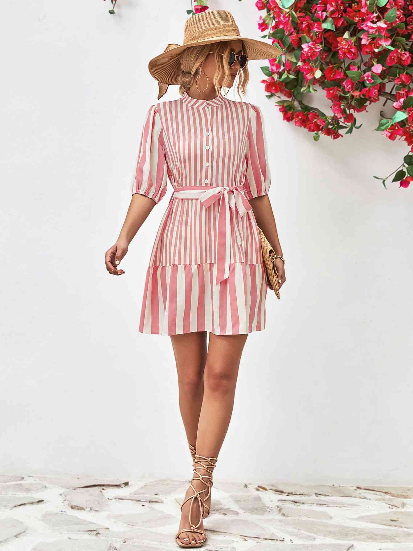 Striped Half Sleeve Tie Waist Mini Dress - TRENDMELO