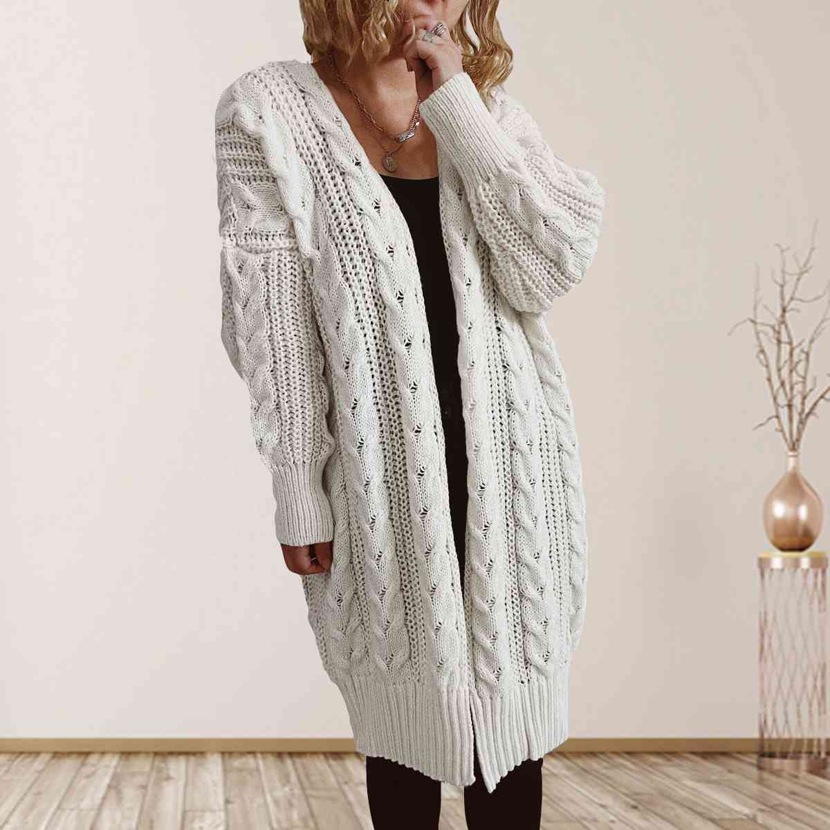 Cable-Knit Open Front Dropped Shoulder Cardigan - TRENDMELO