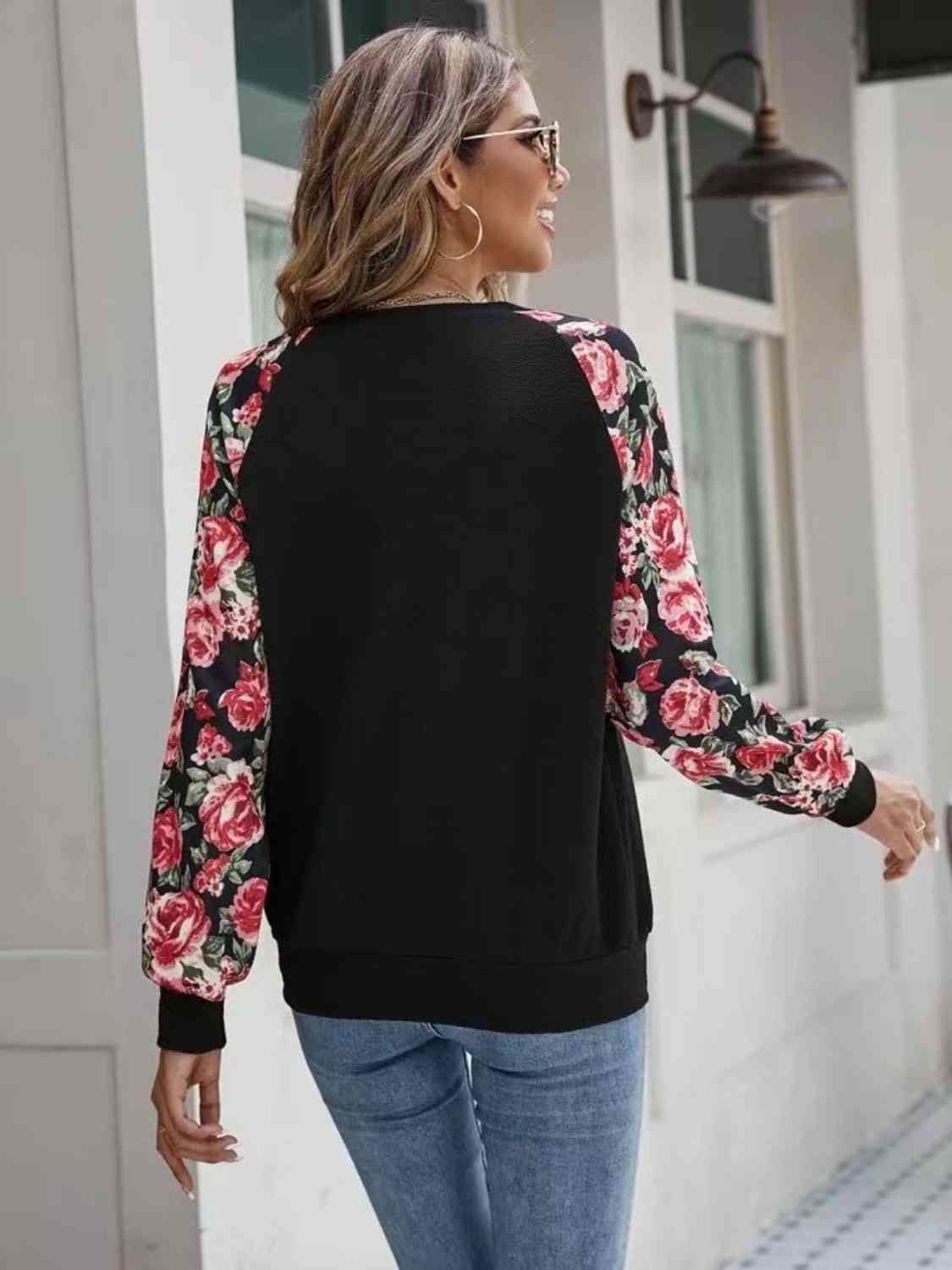 Floral Raglan Sleeve Round Neck Sweatshirt - TRENDMELO