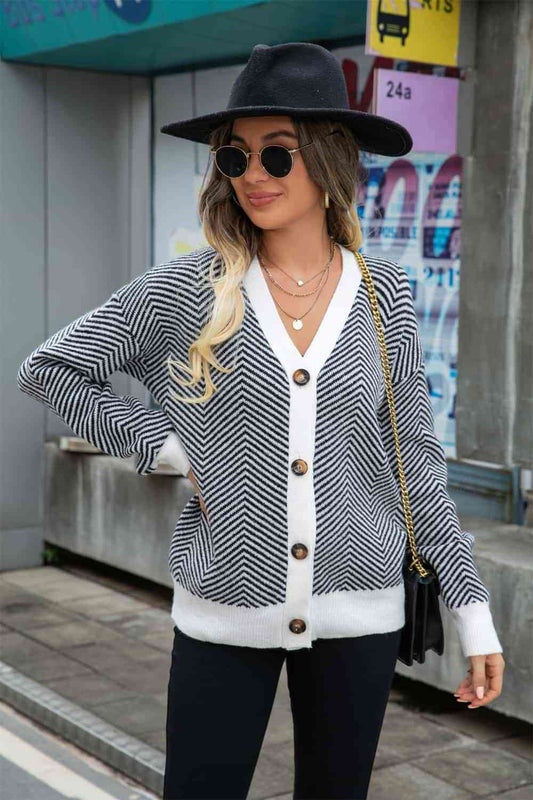 Striped V-Neck Dropped Shoulder Button-Up Cardigan - TRENDMELO