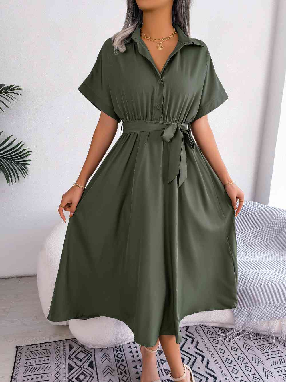 Short Sleeve Collared Tie Belt Dress - TRENDMELO